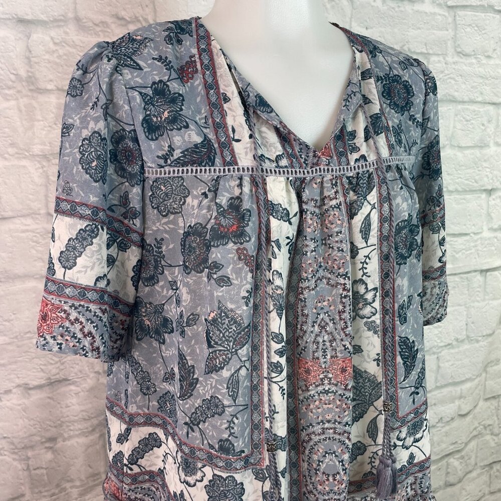 Knox‎ Rose Top XS Boho Floral Blue Short Sleeve Sheer Tie-Neck Blouse Women's - Picture 2 of 12